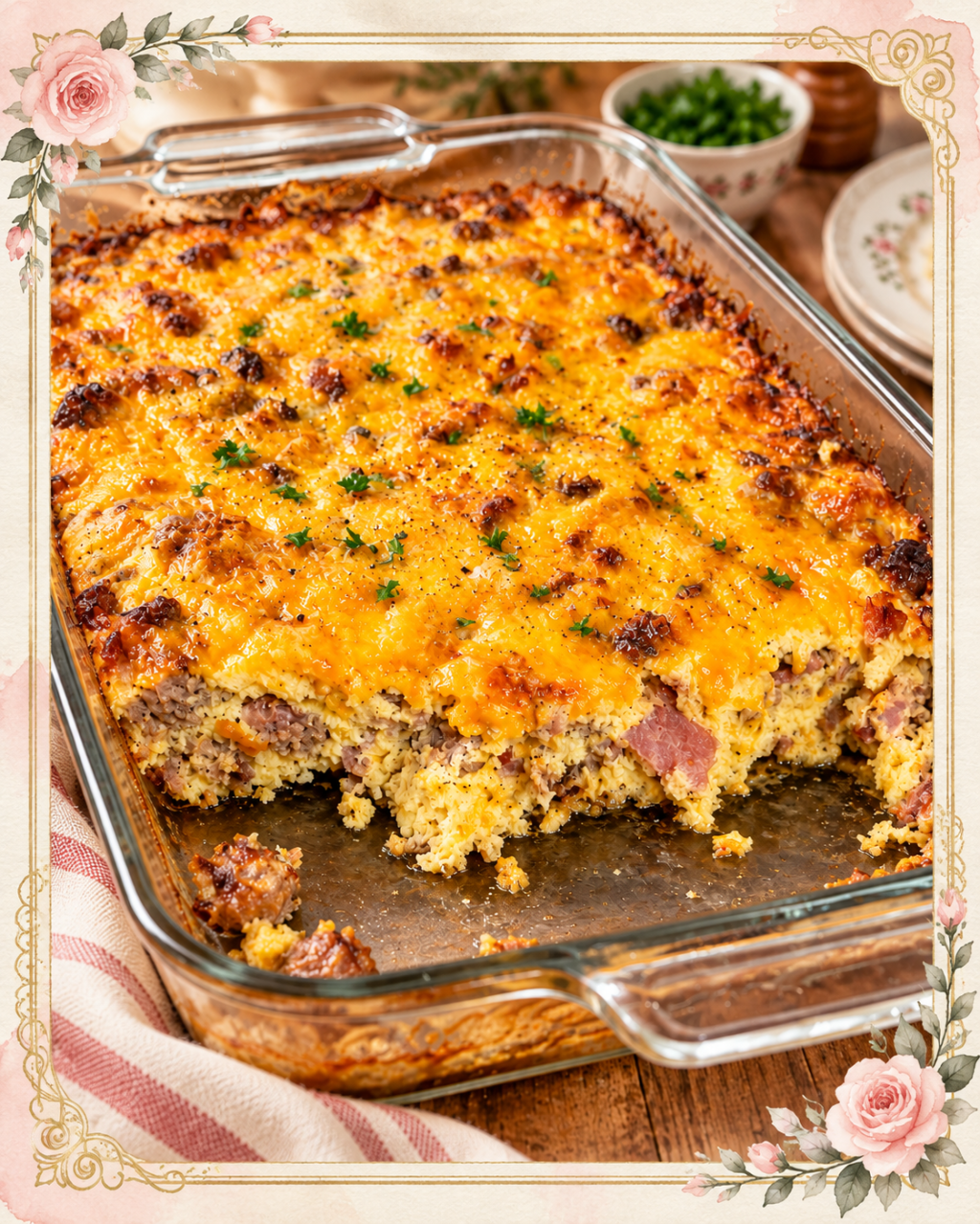 Golden cheddar-topped bacon and bratwurst breakfast casserole in a glass baking dish, surrounded by a delicate vintage floral frame.