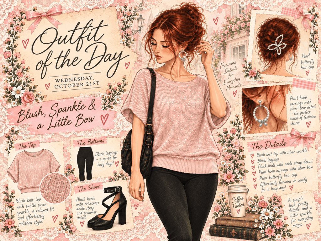 Romantic blush-pink vintage fashion collage featuring a redhead in a sparkling pink sweater, black leggings, bow earrings and butterfly hair clip