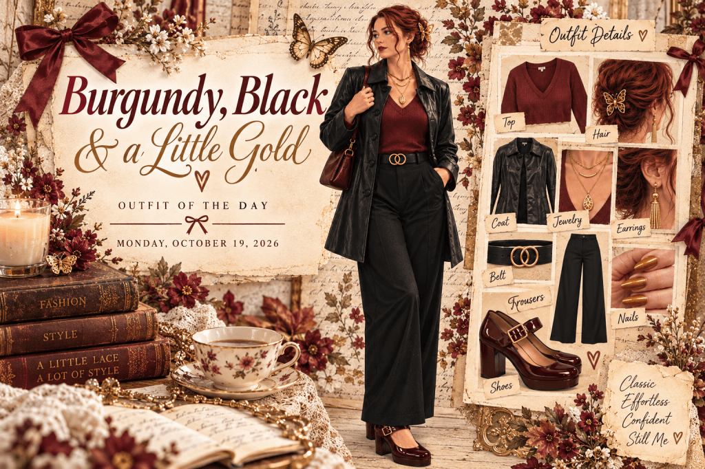 Monday October 19 burgundy and black outfit featuring leather coat, wide leg trousers, burgundy Mary Jane heels, gold butterfly hair clip and jewelry