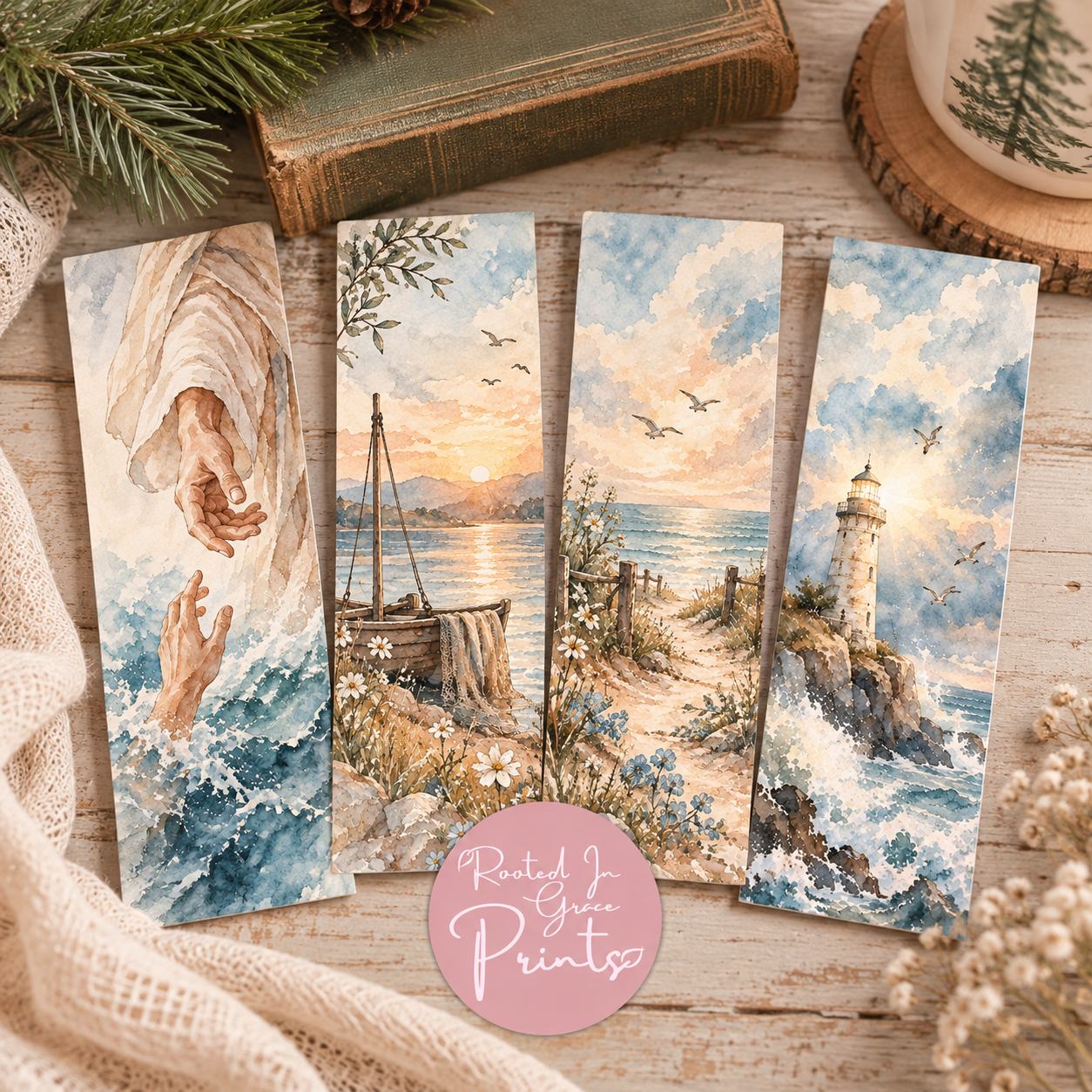 Four original Coastal Watercolor Faith bookmark designs