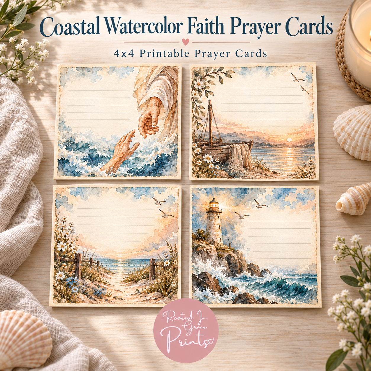 Four square Coastal Watercolor Faith prayer cards