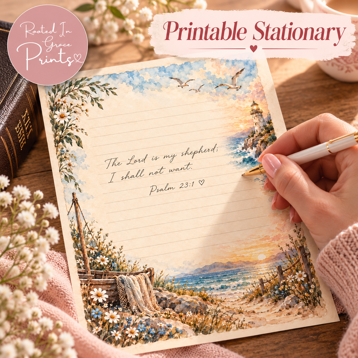 Coastal watercolor printable stationery