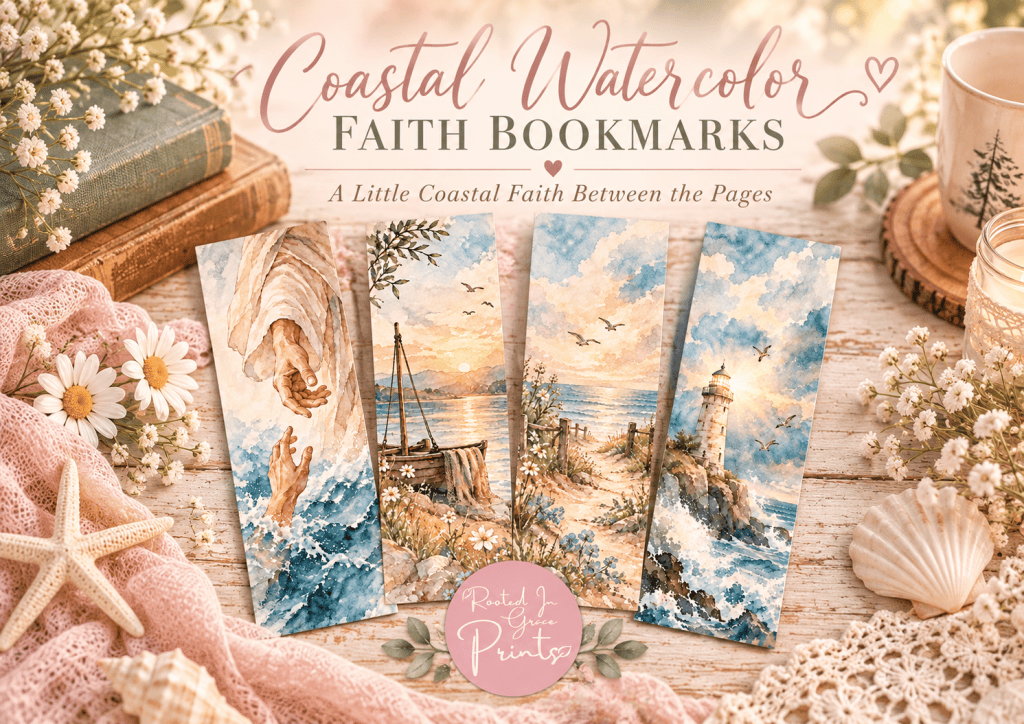 Four coastal watercolor faith bookmarks displayed with vintage books, pink lace, shells, and Rooted in Grace Prints branding.