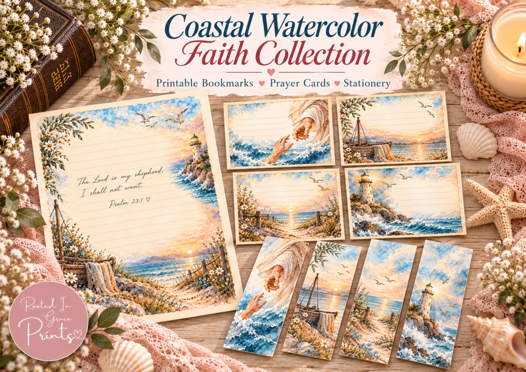 Coastal Watercolor Faith Collection featuring original printable bookmarks, prayer cards and stationery in watercolor coastal scenes, with blush lace and Rooted in Grace Prints logo.