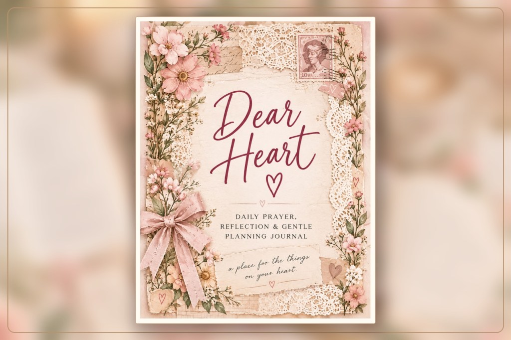Dear Heart printable prayer journal's original pink floral lace and burgundy-lettered cover, displayed in a styled landscape composition.