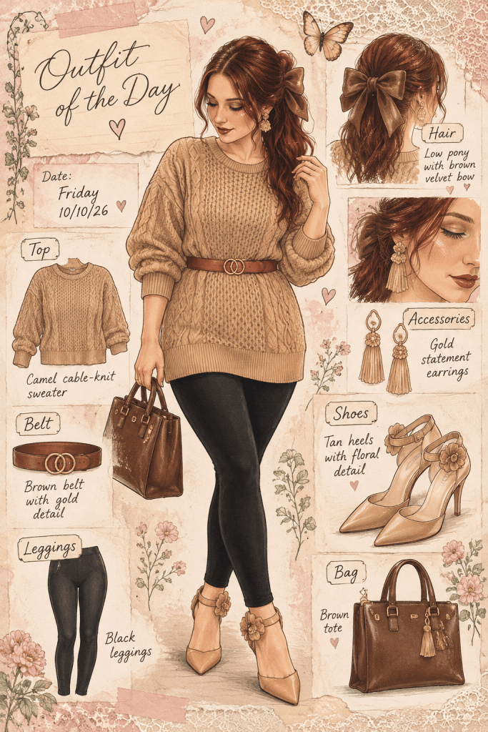 Illustrated fashion journal featuring a camel cable-knit sweater, black leggings, brown belt, tan floral heels, brown tote, gold statement earrings, and a brown velvet hair bow.
