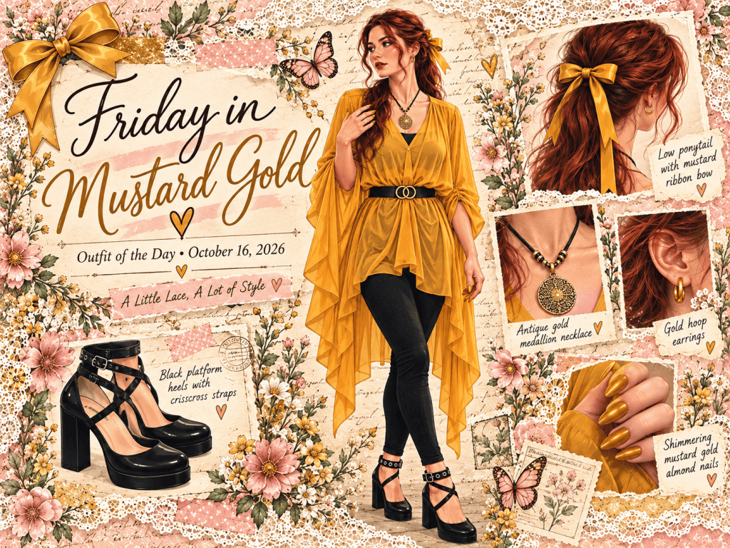Vintage lace and floral collage of Friday's mustard-gold flowy top, black leggings, black strappy platform heels, gold accessories, mustard ribbon and shimmering nails