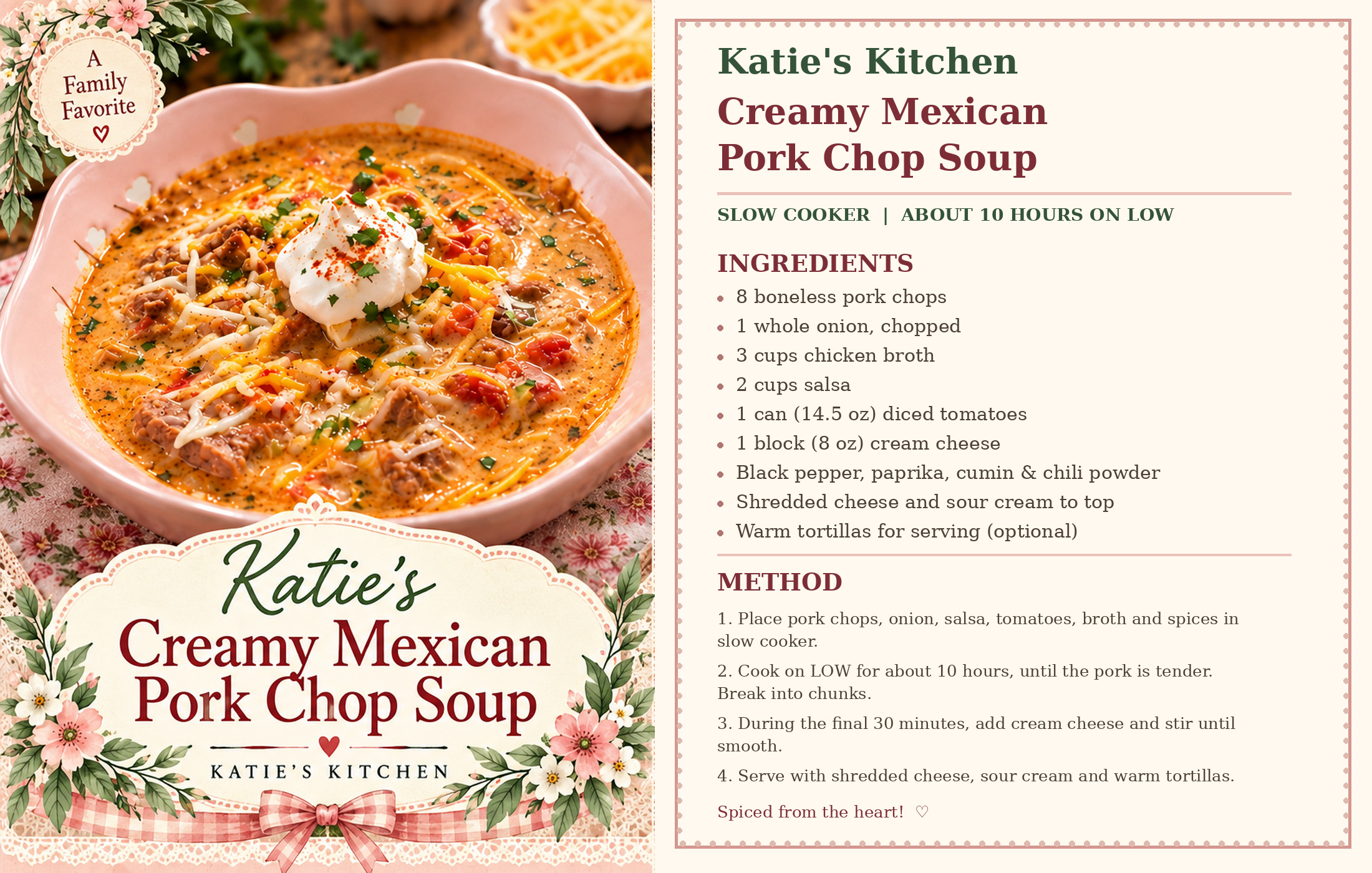 Creamy Mexican pork chop soup in a pink bowl with a vintage Katie's Kitchen feature design