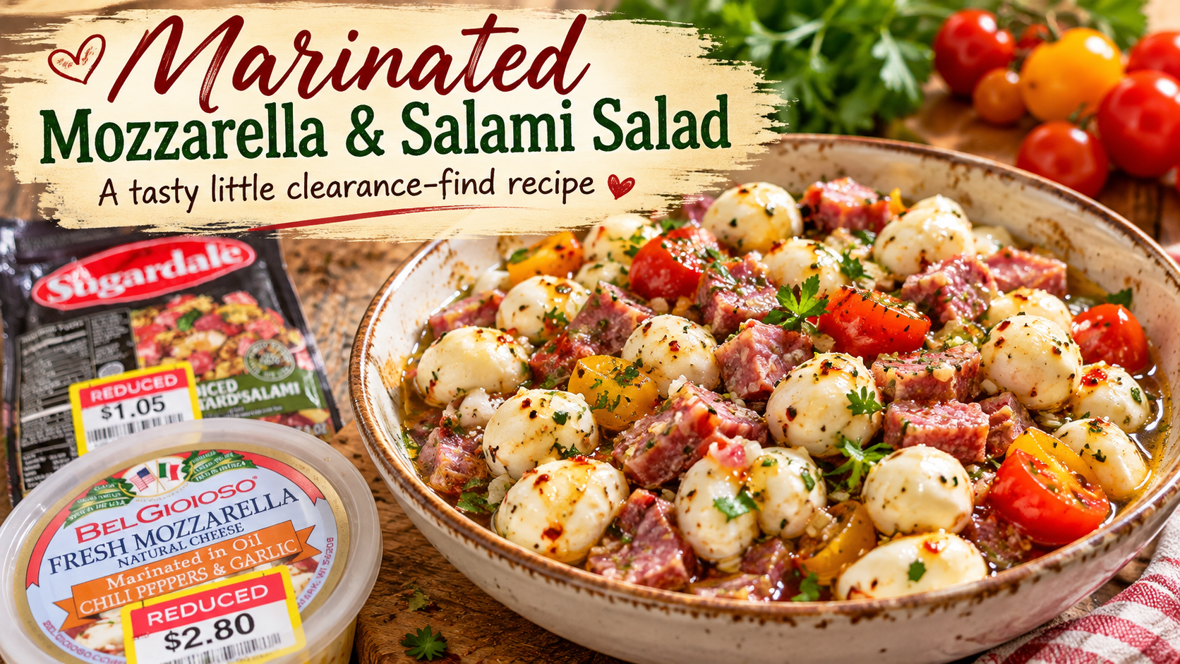 Marinated Mozzarella and Salami Salad, with the clearance-priced mozzarella and salami, and the full recipe title visible