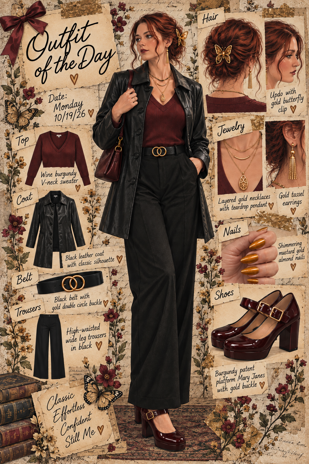 Monday October 19 burgundy and black outfit scrapbook featuring all outfit details