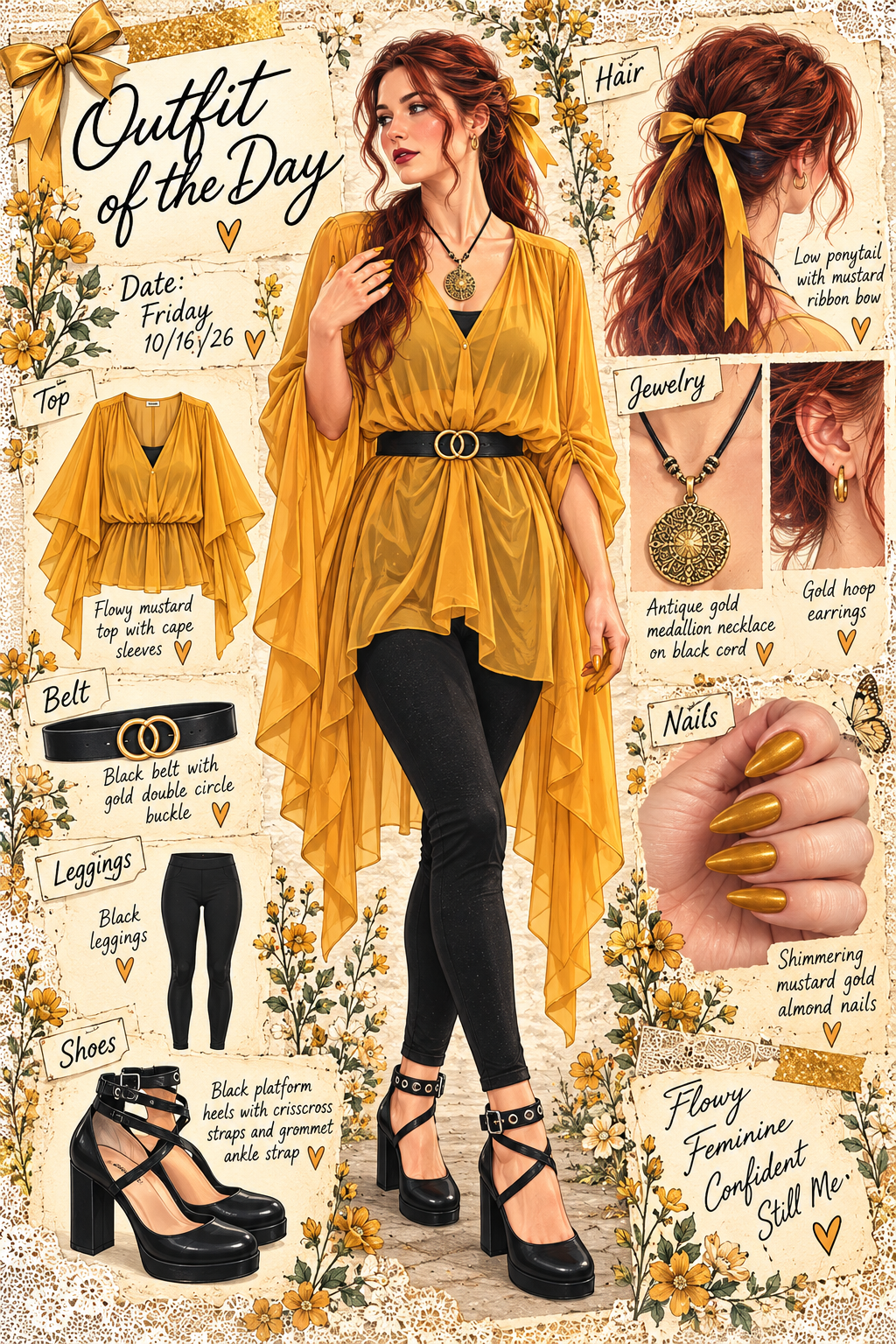 Friday October 16 mustard gold OOTD journal collage with full outfit, accessories and nails