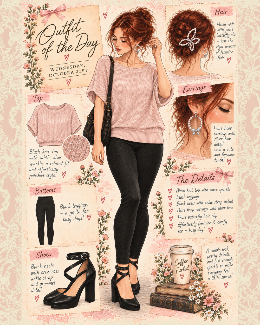Original October 21 outfit journal collage showing sweater, leggings, heels, hair clip and jewelry