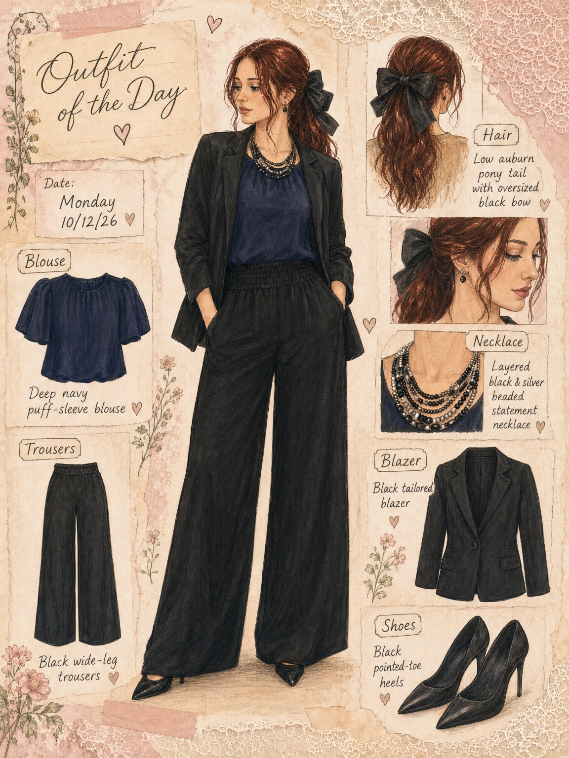 Illustrated fashion journal for Monday's navy-and-black outfit with a big hair bow