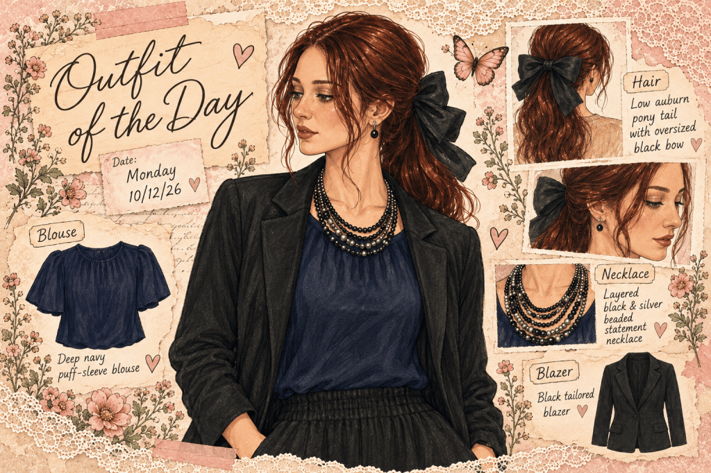 Vintage illustrated scrapbook cover of Monday's outfit of the day, with outfit close-up, accessories, lace and floral details