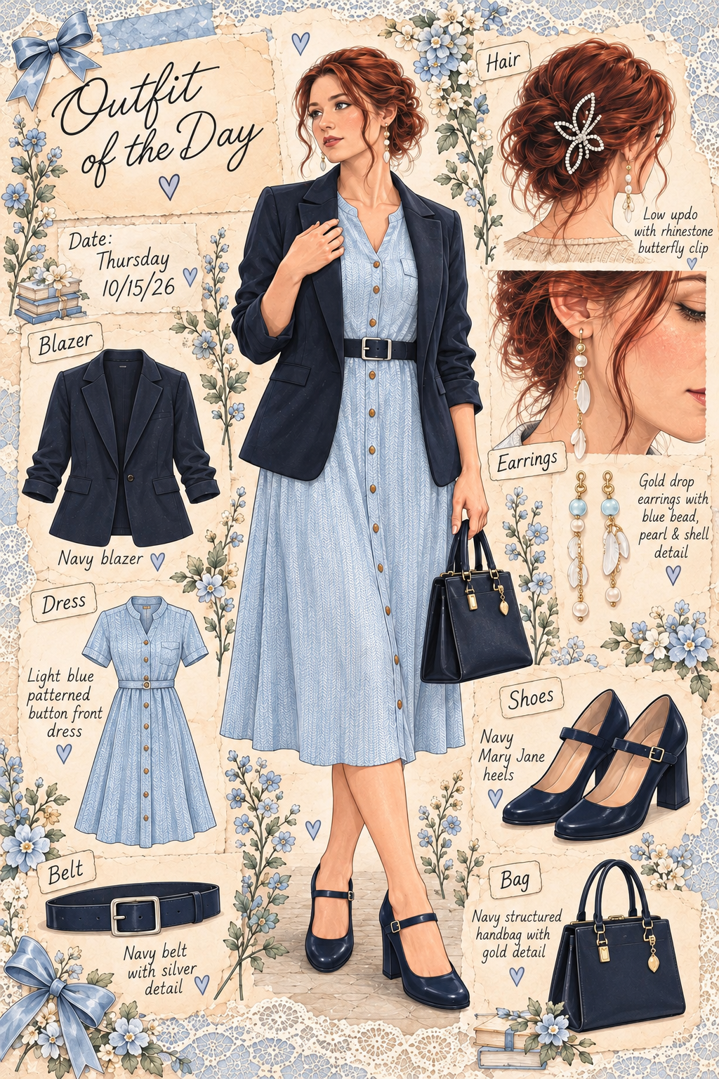 Thursday October 15 fashion illustration in blue and navy with a rhinestone butterfly clip
