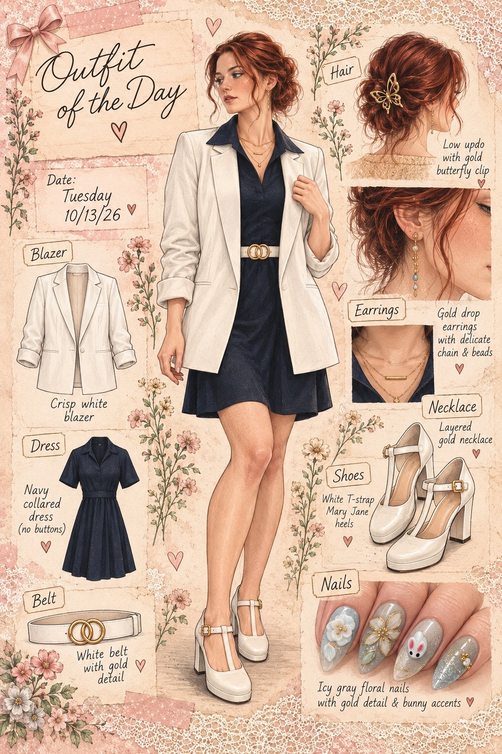 Tuesday outfit-of-the-day sketch showing a navy dress, crisp white blazer, gold butterfly hair clip, and icy gray nails