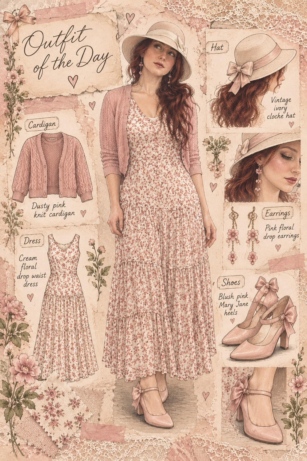 Vintage outfit journal featuring a cream floral dress, pink cardigan, ivory cloche hat, and blush bow heels