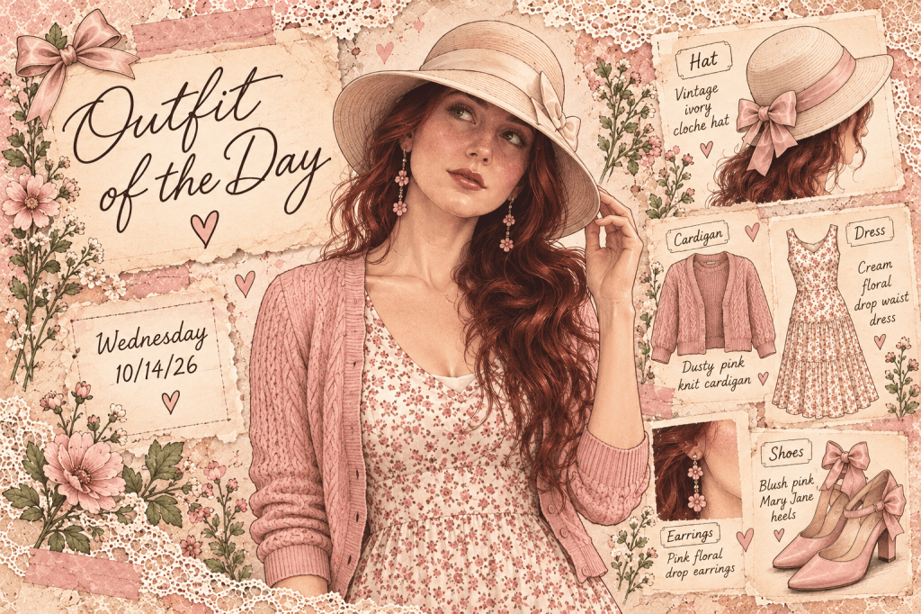 Vintage illustrated scrapbook cover of Wednesday's outfit of the day, with outfit close-up, accessories, lace and floral details
