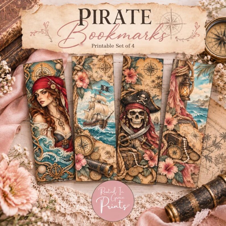 Vintage Pirate Adventure printable bookmarks, a set of four from Rooted in Grace Prints