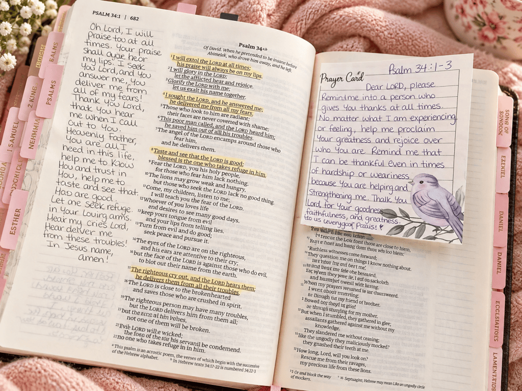 Katie's open Bible at Psalm 34 with handwritten notes and her original bird-and-floral prayer card