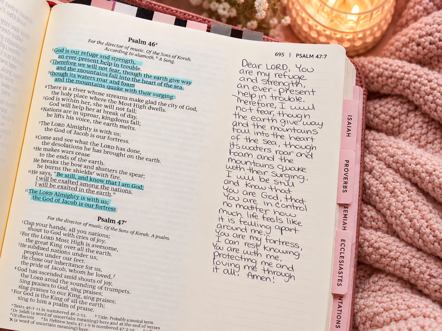 Katie's open Bible at Psalm 46 with a highlighted passage and handwritten prayer