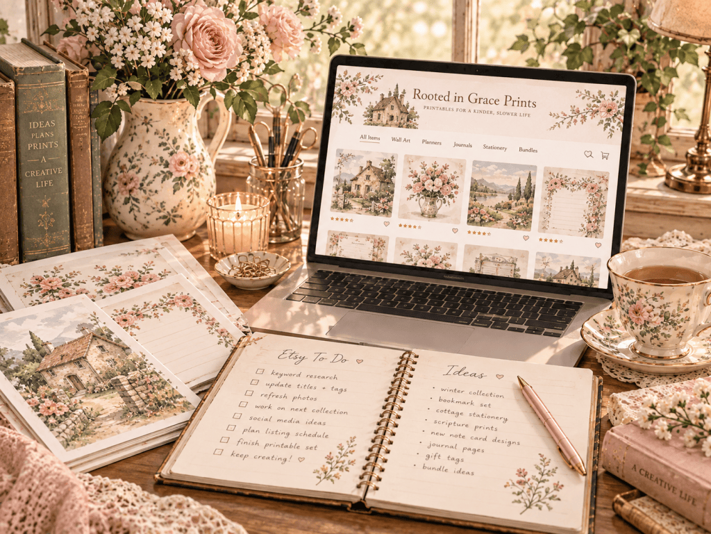 Cozy vintage creative desk with Rooted in Grace Prints shop on a laptop, Etsy planning notebook, floral stationery, roses and tea
