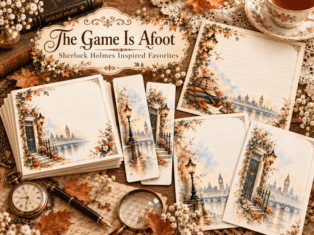 Sherlock Holmes-inspired printable stationery and bookmarks on a vintage tabletop with lace, teacup, books and autumn flowers