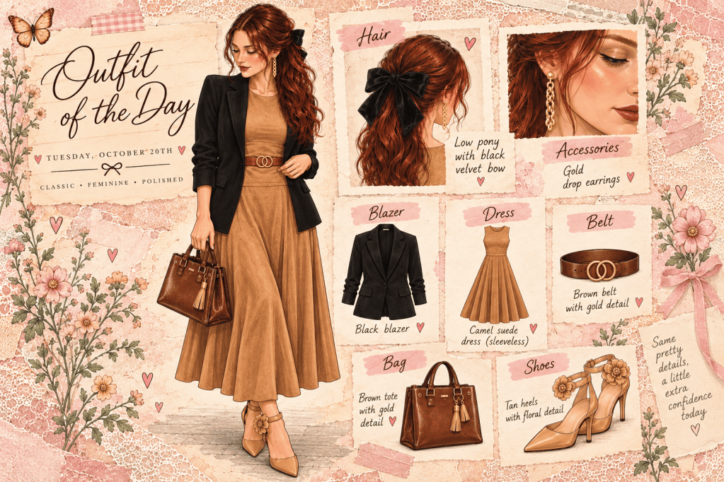 Illustrated Outfit of the Day collage featuring a camel suede dress, black blazer, black velvet bow, gold earrings, brown belt and floral tan heels