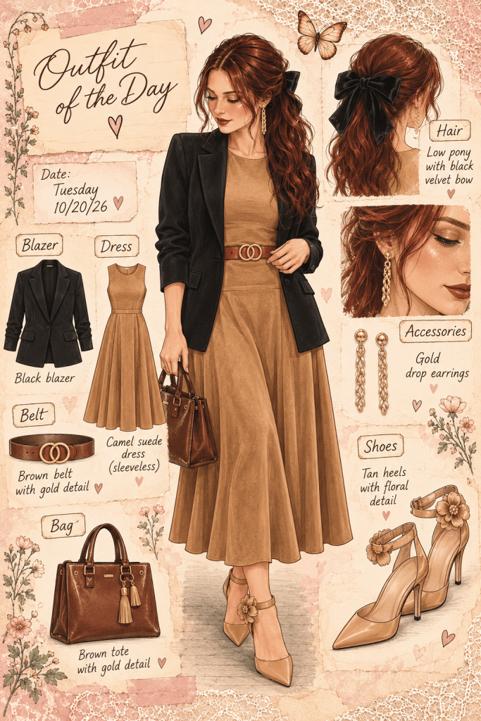 Tuesday October 20 outfit journal featuring a camel suede dress, black blazer, brown belt, black bow, gold earrings and tan floral heels