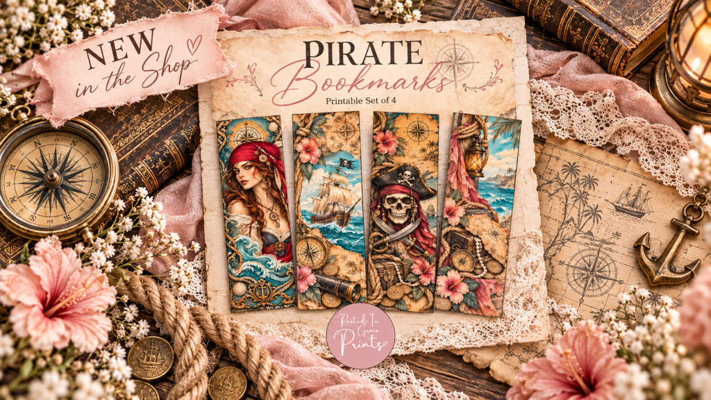 Four original pirate printable bookmarks from Rooted in Grace Prints displayed on a vintage parchment and lace nautical background.