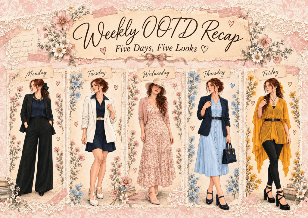 Vintage pink lace collage of five outfits Monday through Friday beneath the heading Weekly OOTD Recap, Five Days Five Looks.