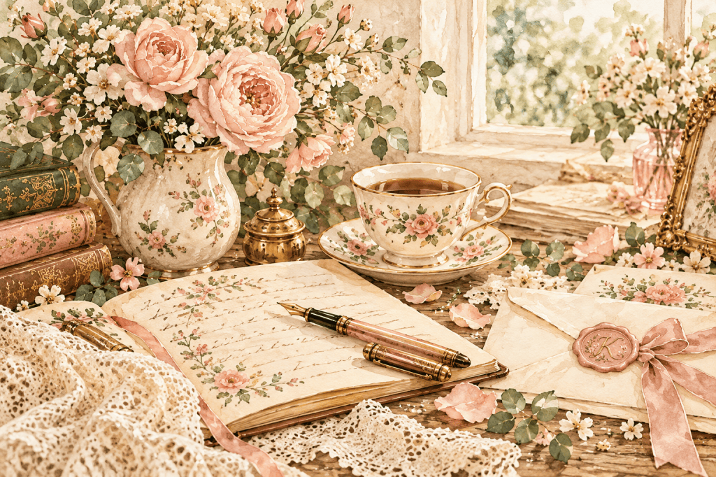 Vintage writing desk with blush roses, a floral teacup, an open handwritten journal, lace, and a pink ribbon-tied envelope sealed with a gold K.