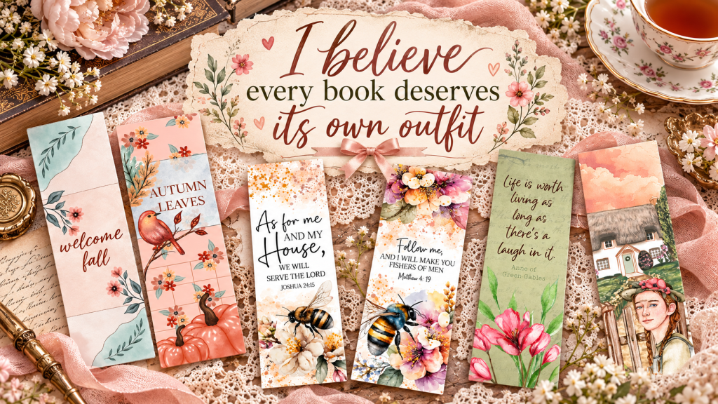 Vintage blush pink and lace flat lay featuring Katie's original bookmarks and the phrase I believe every book deserves its own outfit